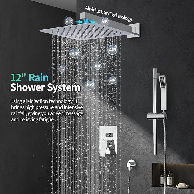 SR SUN RISE 12 Inch Slide Bar Shower System, Square Rain Shower Head and Handheld Spray, Wall Mounted Shower Faucets Sets Complete Included Valve and Shower Trim Kit, Polished Chrome
