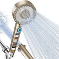 PWERAN Filtered Shower Head with Handheld, High Pressure 4 Spray Mode Showerhead with Filters, Water Softener Beads for Hard Water with ON/OFF Switch for Pets - Remove Chlorine (Golden, 5 Inch Panel)