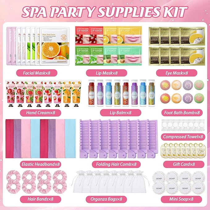 104PCS Sleepover Spa Party Supplies, Include Face Masks, Lip Balm, Hand Cream, Under Eye Patches, Lip Mask, Foot Bath Bombs, Hair Comb, Headband, Spa Birthday Kit for Women Girls Gift Skincare Set