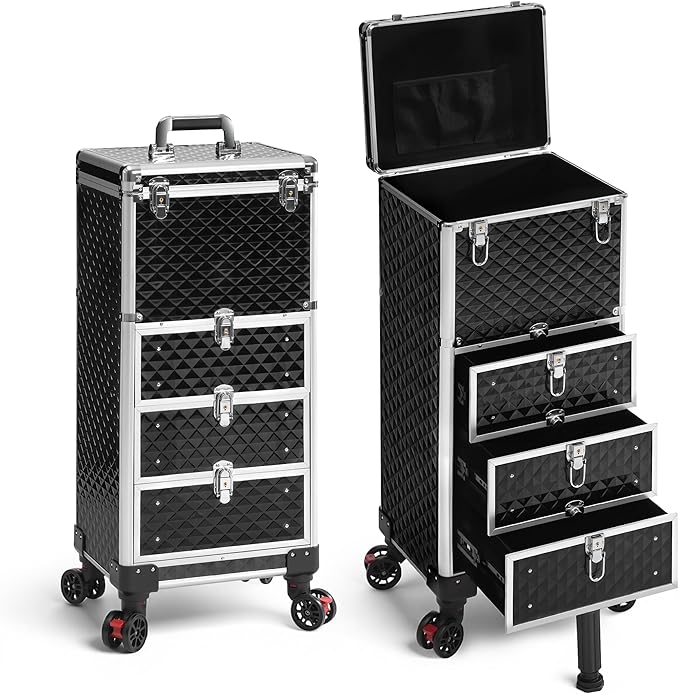 Rolling Makeup Train Case with 3 Drawers, Nail Trolley Cart Salon Station Cosmetology Case on Wheels Organizer Cases for Nail Tech,SPA,Face Painting,Hairstylist,Makeup Artist (Silver & Black)