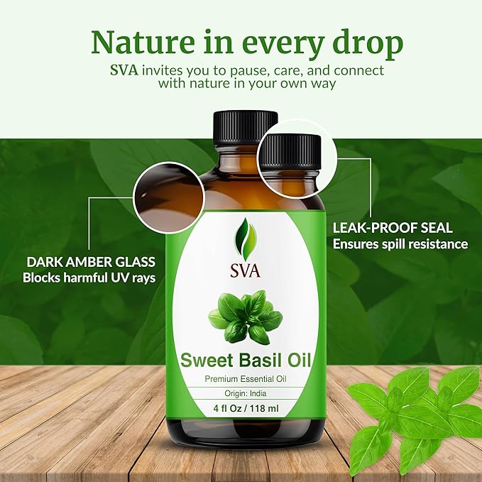 SVA Sweet Basil Essential Oil – 4 Fl Oz – 100% Natural Basil Oil - for Diffuser, Hair Care, Face, Skin Care, Aromatherapy, Scalp and Body Massage, Soap and Candle Making – with Dropper