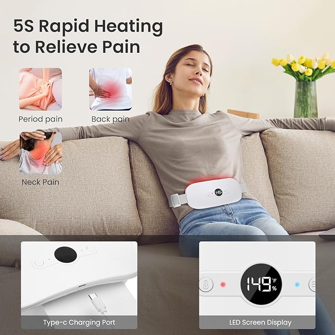 NOWWISH Heating Pad for Period Cramps Pain Relief, Portable Electric Cordless Menstrual Heating Pad Rechargeable with 6 Heat Levels and 6 Massage Modes, Mothers Day Gifts for Mom Daughter Wife, White