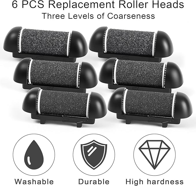 6pcs Replacement Roller Refill Heads for Electric Callus Remover,Feet Pedicure Kit Refill Rollers, 2 Extra Coarse, 2 Regular Coarse, 2 Fine Coarse Refill Rollers (Black)