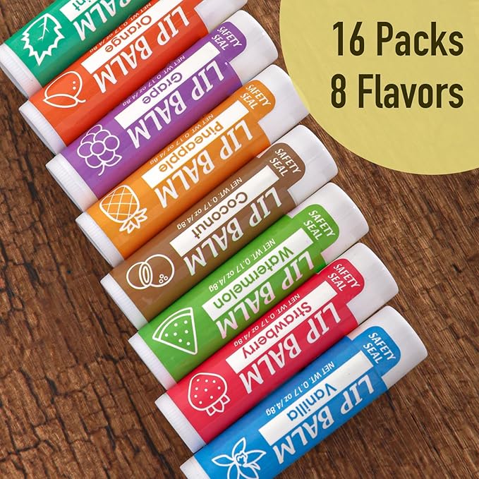 YesBes 16 Pack Lip Balm, Natural Lip Balm Bulk with Vitamin E and Coconut Oil, Moisturizing Lip Balms for Dry Cracked Lips, Lip Balms for Mothers Day Gifts Stocking Stuffers - 8 Flavors