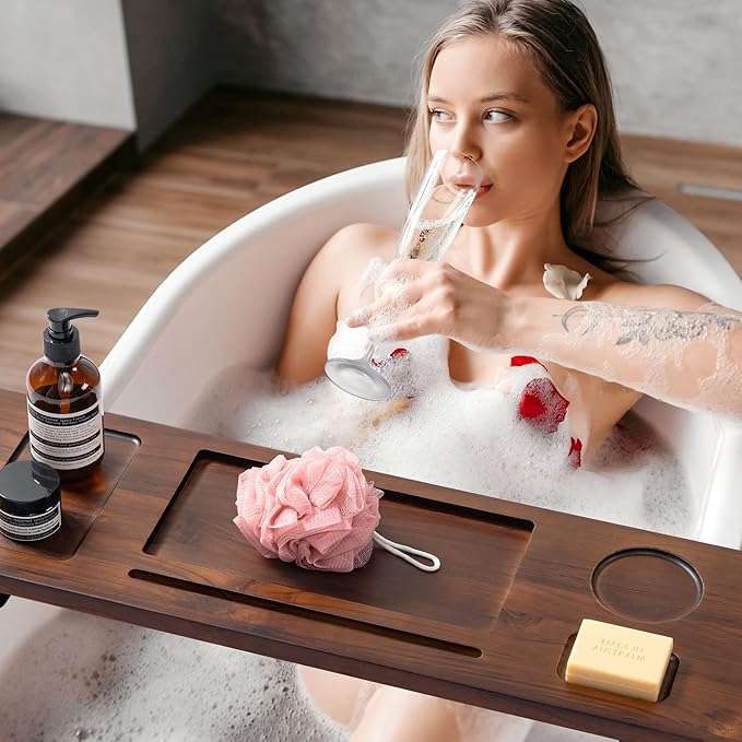 Premium Teak Bathtub Tray for Freestanding Baths - 29" Adjustable Spa Caddy | Compact, Thick & Stable Design | Anti-Tip with Accessories Holder | Natural Water-Resistant Finish