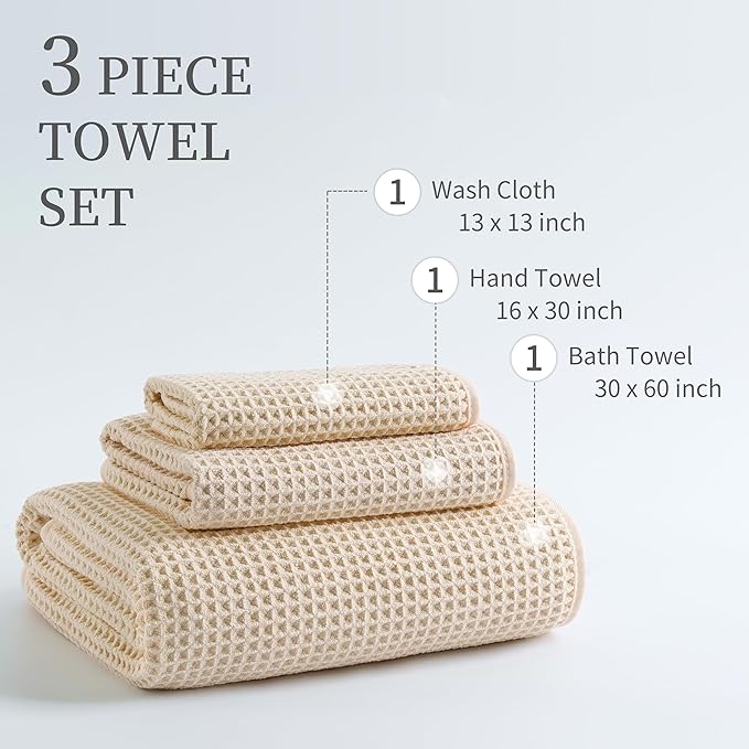 MICROFI New Microfiber Waffle Bath Towels, 3 Pieces, Oversized, Soft, Absorbent, Fast Drying, Lint Free, Includes Bath, Face and Hand Towels 430 GSM (Champagne)
