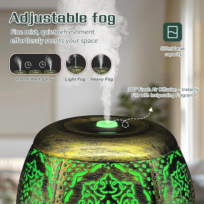 500ml Metal Essential Oil Diffuser, Antique Gold Aromatherapy Diffuser, Moroccan Hollow Out Design, 7 Color LED, Timer, Auto Shut-Off, Vintage Iron Cool Mist Humidifier for Large Room, Home Decor Gift