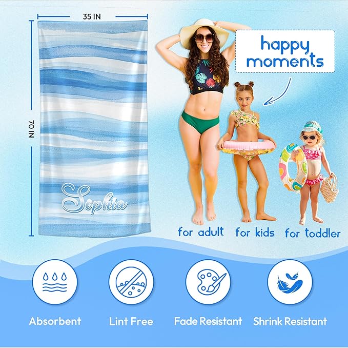 JML Custom Beach Towel with Name, Personalized Microfiber Beach Towel with Name, Large, Soft, Quick Dry & Absorbent for Swim, Pool,Adult,Summer Holiday,Vacation,Travel,Gift for Anniversary, Birthday