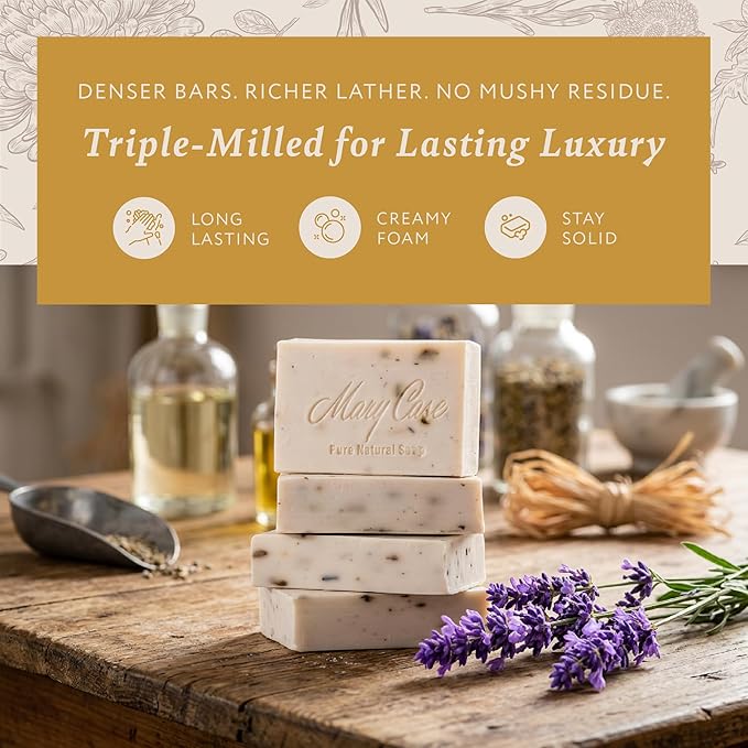 Mary Case Goat Milk & Lavender Bar Soap Set of 4 | Natural Soap with Olive, Coconut & Oils + Dried Flowers | Bath Soap for Men & Women |