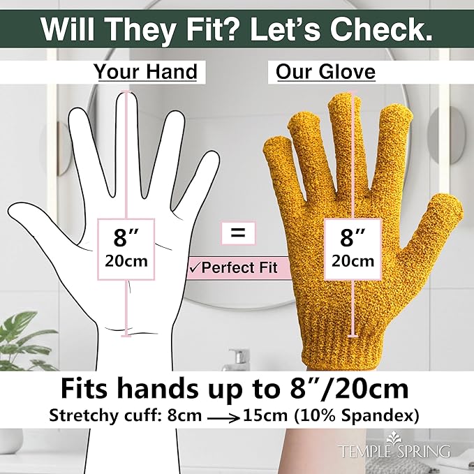 Temple Spring Shower Gloves Exfoliating for Women – Natural Textured Rayon Bamboo Exfoliating Glove with Thicker Weave for Deep Cleansing, Dead Skin Removal & Smooth Radiant Skin (1 Pair, Mustard)