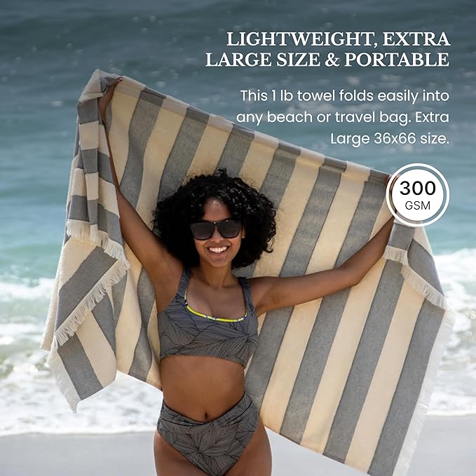 Lightweight Turkish Beach Towel - 100% BCI Cotton, Unbleached Raw Fringe, Oeko-TEX Certified, Absorbent, Eco-Friendly, 36x66”, Black & Natural Stripes, Portable Sarong Blanket for Pool, Travel