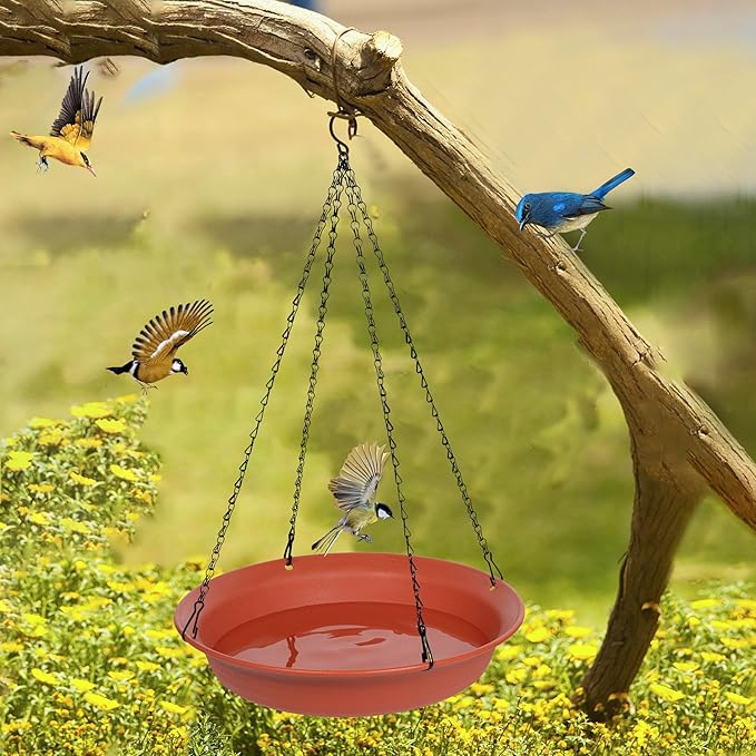 VUWEZ Hanging Bird Bath, Hanging Bird Water Feeder for Outdoors, Feeder Bowl, 1 Pack Birdbath Tray Accessories for Outside, Plastic Birdbaths Tray for Garden Patio Decoration (14", Terra Cotta)