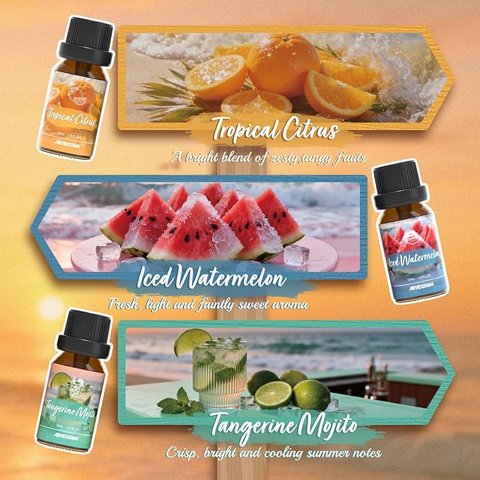 ARVIDSSON Hawaii Fragrance Oil Set, Summer Essential Oils for Diffuser, Tropical Scent Oils - Sunset Breeze, Coconut Coast, Gild Pineapple, Tropical Citrus, Iced Watermelon, Tanderine Mojito