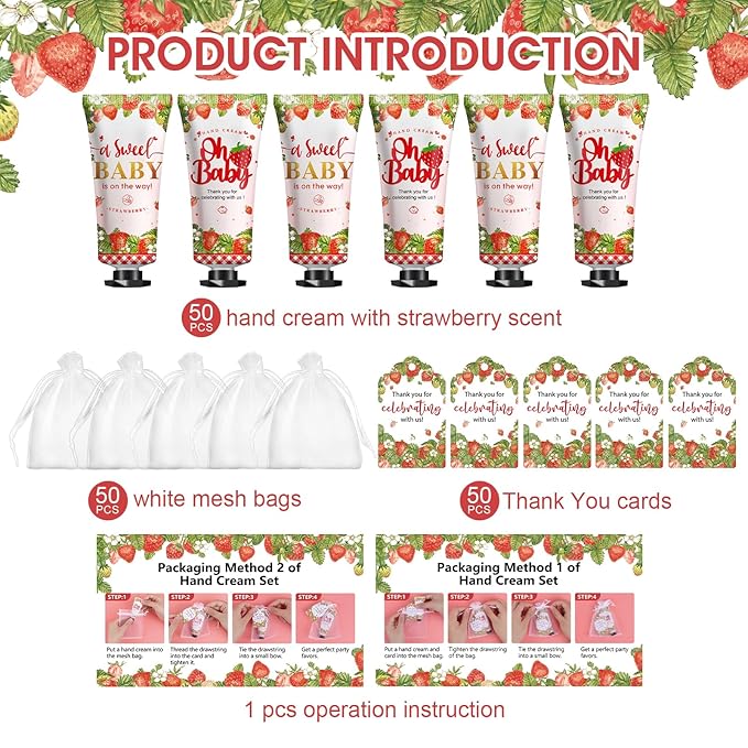 KONEUK 50 Pack Bulk Hand Cream Gifts Sets, Baby Shower Favors and Bridal Shower Favors for Guests with Thank You Card and Organza Gift Bags, Appreciation Gifts, Wedding Party Favors (Strawberry)