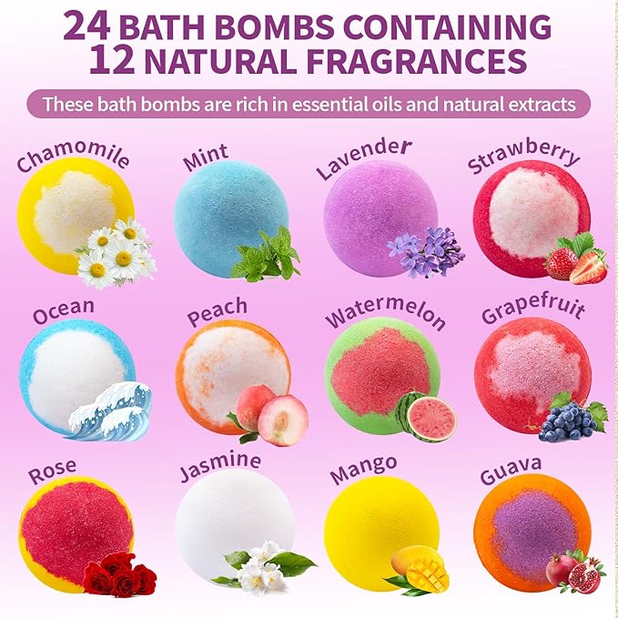 Bath Bombs for Women & Men, Basket Set for Mothers Day Gifts for Mom, 24-Pack Handmade Natural & Organic Essential Oil Bath Bomb, Spa Relaxing Teacher Appreciation Gifts for Wife Girlfriend