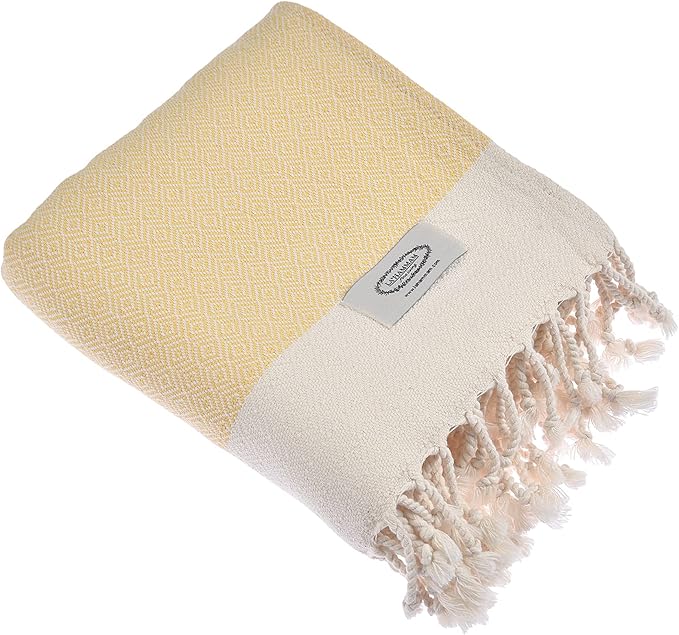 Personalized Embroidered Beach Towel | Throw Blanket, Easy Carry Sand Free, Highly Absorbent, Quick Dry, Turkish Towels for Camping Bath Sauna Beach Gym Pool Yoga SPA by Lahammam, Diamond, Yellow