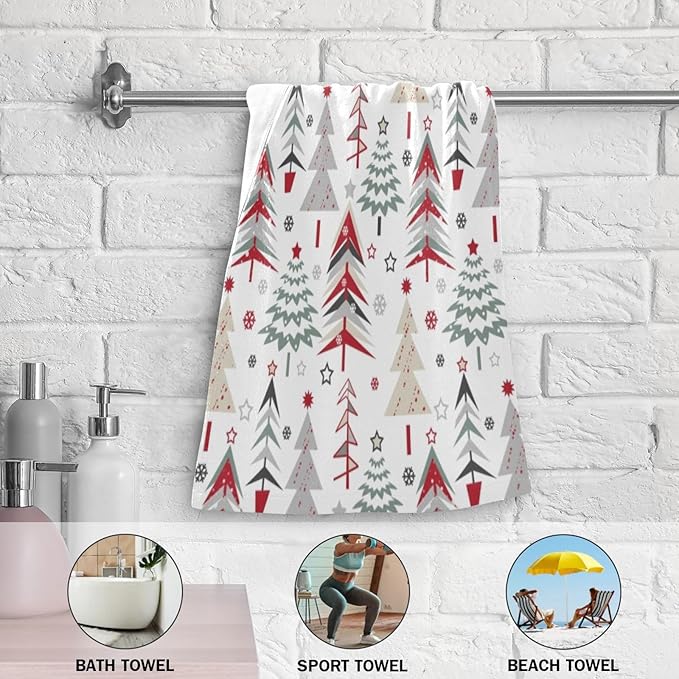 Red Green Grey Christmas Xmas Tree Hand Towels for Bathroom Set of 2,Winter Snowflake Stars Decorative Bathroom Towels for Bath,Face,Hair,Soft Absorbent Dish Towels for Kitchen Decor 28"x14"