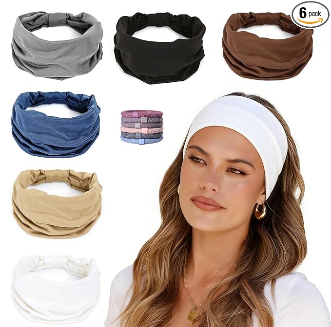 Wide Headbands for Women - 6 Pack Thick Stretchy Elastic Cloth Head Bands for Women's Hair, Non Slip Sweat Bands Soft Workout Headbands for Running, Makeup Headband for Washing Face, Spa & Skincare