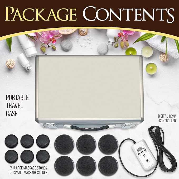 SereneLife Hot Stone Massage Kit Portable Heated Rock Therapy System with Digital Temperature Controller, Includes 12 Massaging Stones, Quick Setup: All-in-One Portable Kit