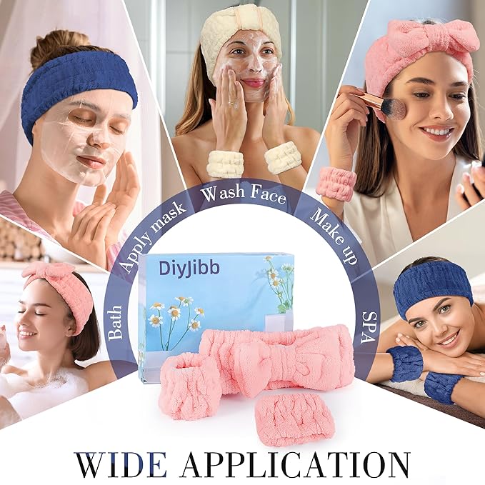 DiyJibb 9 Pcs Spa Headband for Washing Face,Skincare Headband and Wristband Set,Women Teen Girls Facial Hairbands for Washing Face, Makeup, Sports, Yoga (beige + dark pink + navy)