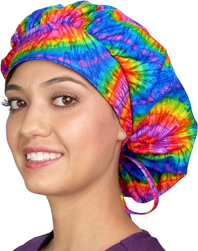 Sparkling EARTH Banded Bouffant Surgical Scrub Ponytail Working Caps and Built-in Sweatband - 100% Cotton - Made in The USA