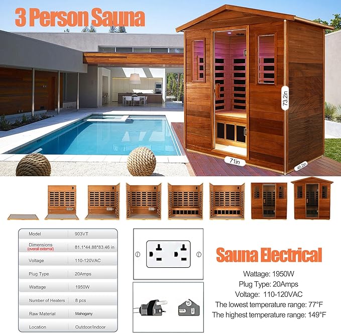 Full Spectrum Sauna, 0-5mG Ultra Low EMF Infrared Sauna 3 Person Outdoor Sauna 1950W 20Amps Far Infrared Sauna Mahogany Wooden Sauna with Red Light Therapy, Reclining Seats