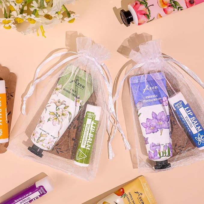 AZEN 64 Sets Bulk Gifts, Hand Cream and Lip Balm Bulk Set with Organza Bag Thank You Card, Baby Shower Wedding Gift for Guests, Bridal Wedding Favors for Guests, Mothers Day Gifts Stocking Stuffers