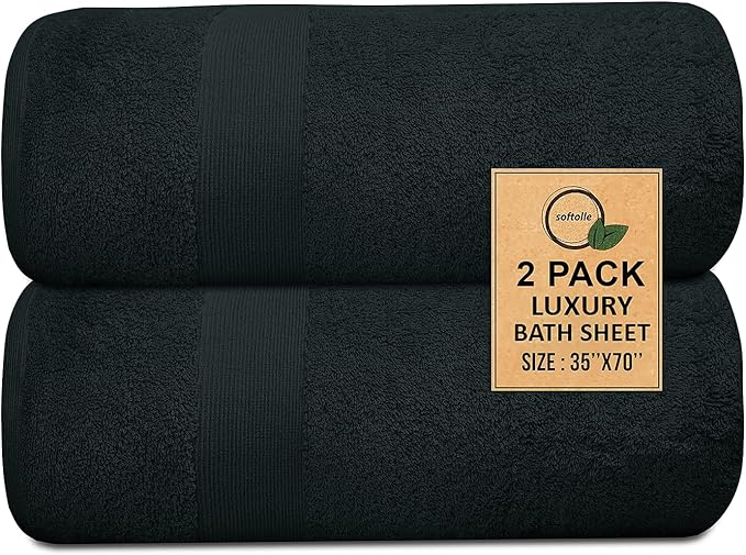 Softolle 100% Cotton Luxury Bath Sheets - Pack of 2 (35" x 70") | Super Soft, Quick-Dry & Highly Absorbent Towels for Bathroom, Home, Spa & Gym (Black)