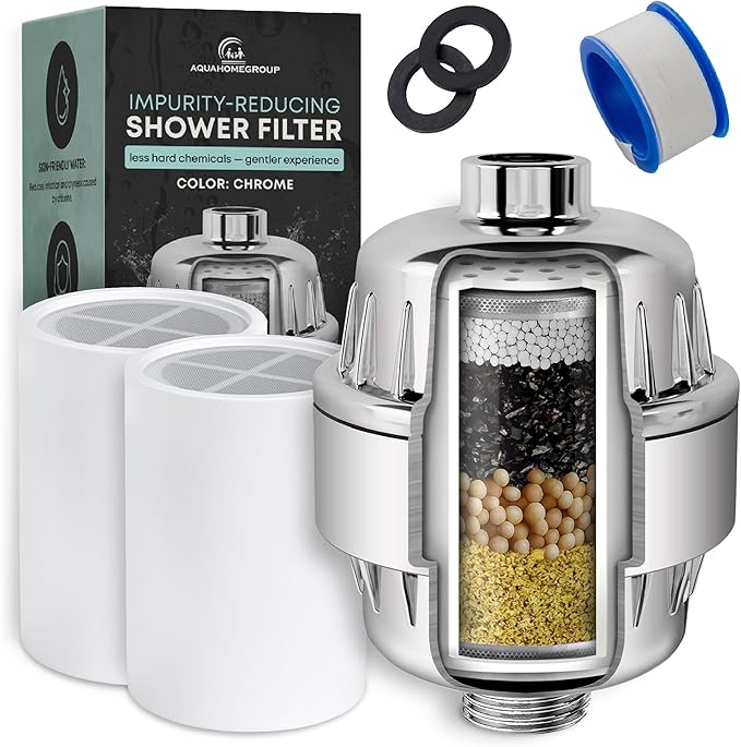 AquaHomeGroup Shower Filter with KDF, Carbon and Vitamin C - Reduces Chlorine, Heavy Metals and Odor - 2 Cartridges Included - High Pressure - Universal Fit