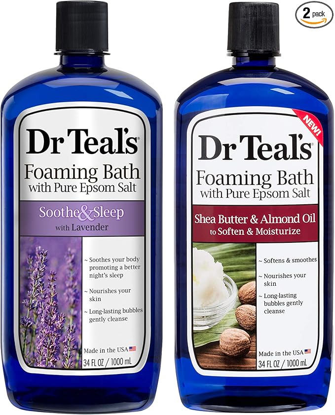 Dr. Teal's Foaming Bath Variety Gift Set (2 Pack, 34oz Ea.) - Soothe & Sleep Lavender, Moisturizing Shea Butter & Almond Oil - Essential Oils Blended with Pure Epsom Salt Ease Pain & Relieve Stress