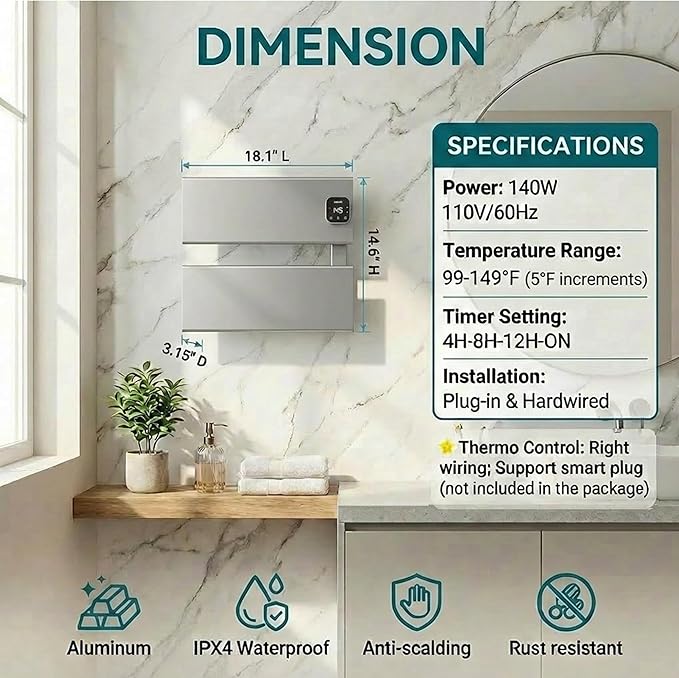 Electric Towel Warmer, Heated Towel Rack with Thermo Control and Timer, Fast Heating Towel Rail for Bathroom with Memroy Function, Work with Smart Plug, Right-Wiring, 2 Panel, Silver