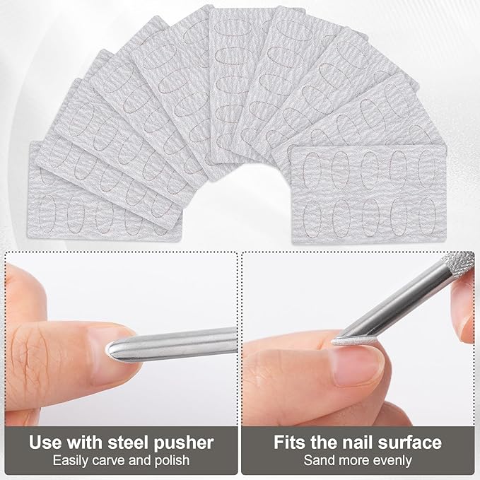 HINZIC Stainless Steel Nail Cuticle Pusher Tools Dual Ended Cuticle Remover Self-Adhesive 240/180 Grit Sandpaper Sheets Nail Care Replacement for Women Girls