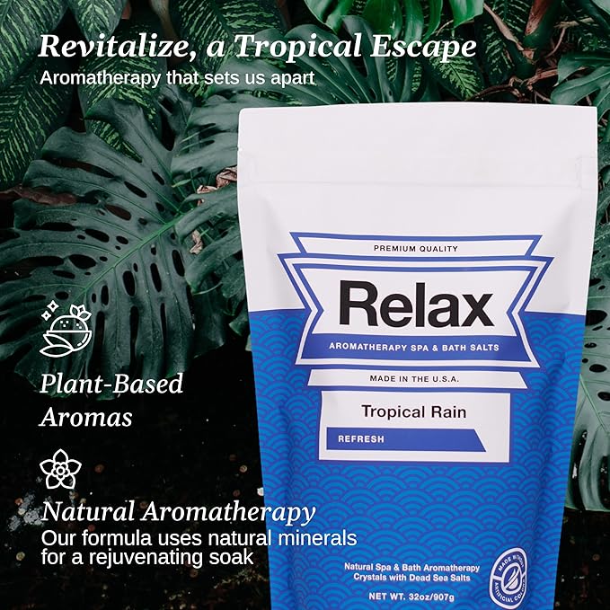 Relax Spa & Bath Aromatherapy Bath Salts for Hot Tub, Bath, or Spa, 2LB Bag Infused with Magnesium, Bath Salt for Soaking, Tropical Rain Scent
