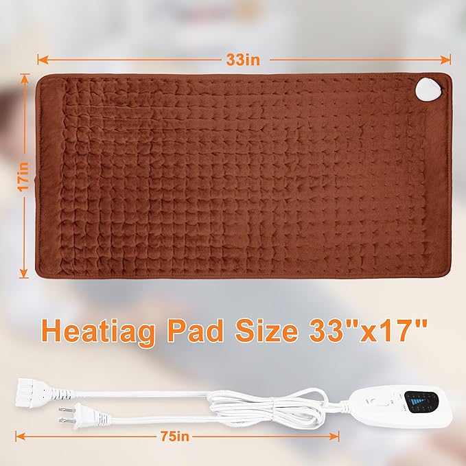 Deepsoon Heating Pad,Electric Heating Pads for Back,Neck,Moist Heating Pad for Abdomen Shoulder Knee Legs,Dry/Moist Heat&Auto Shut Off,Mother's Day Birthday for Men and Women,Brown,33x17 Inch