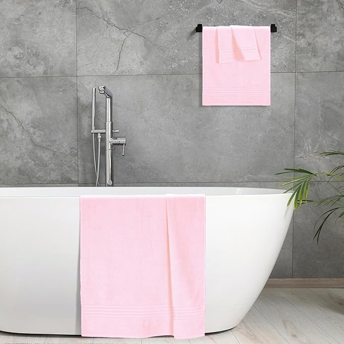 BOUTIQUO Ultra Soft 3 Pack Cotton Towel Set, Contains a Bath Towels 28x55 inch, a Hand Towels 16x24 inch & a Wash Coths 12x12 inch, Ideal Everyday use, Compact & Lightweight - Pink