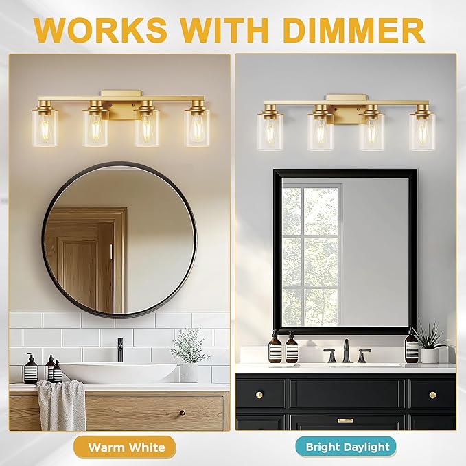 L LOHAS LED Gold Bathroom Light Fixtures with Clear Glass Shade, 4 Light Vanity Lights for Bathroom, Vanity Lights for Mirror Bedroom Hallway