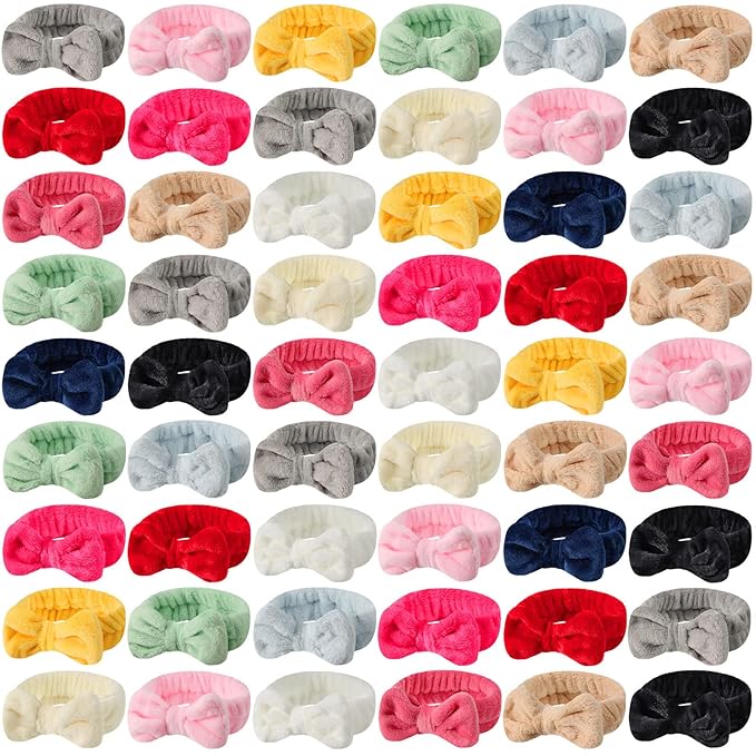 Tigeen 52 Pieces Spa Headband for Washing Face Bulk Soft Coral Fleece Skincare Headband, Bow Makeup Cosmetic Hairband Fluffy Shower Spa Essentials for Girls Women Slumber Supplies(Vivid,Solid Series)