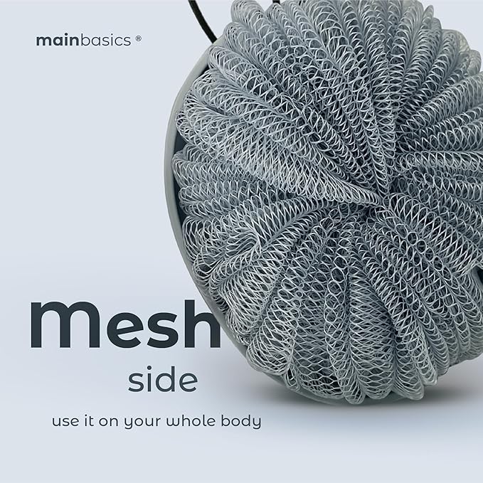 MainBasics Shower Tool Duo 2-1 Shower Loofah Sponge and Exfoliating Body Scrubber (2 Pack, Skyway)