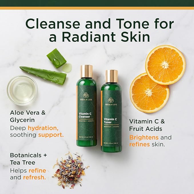 Tree of Life Beauty Vitamin C Brightening Face Care, Minimizing Pores & Facial Cleanser for Gentle Deep Cleaning with Organic Aloe, Clean Dermatologist-Tested Skin Care (Toner & Cleanser 2 X 4 Fl Oz)