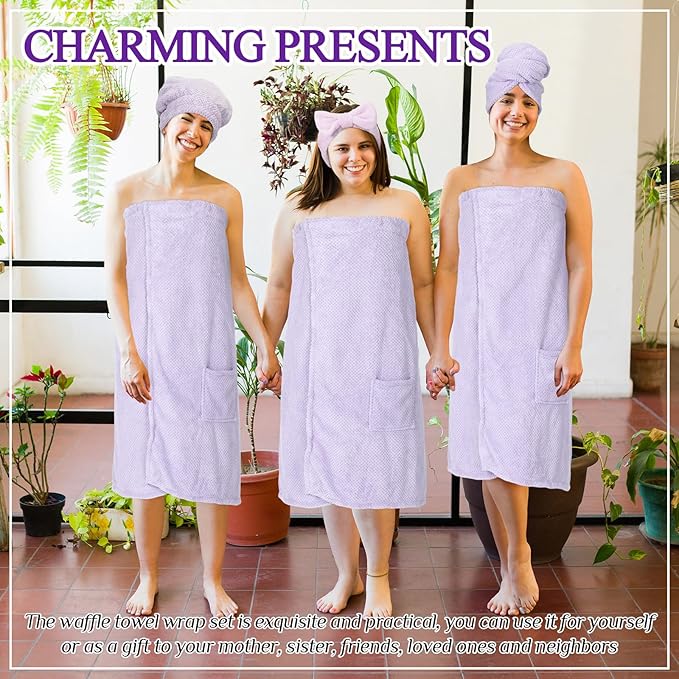 Tigeen Plus Size Towel Wrap for Women Spa Robe Set with Shower Hair Drying Turban Cap Towel Headband Adjustable Bathrobe