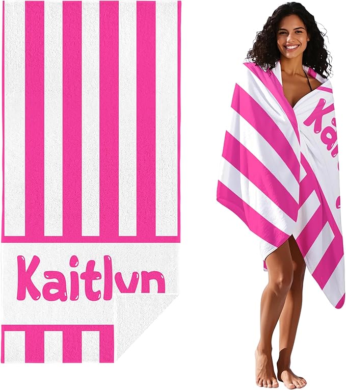JML Personalized Beach Towel with Name, Custom Cabana Stripe Beach Towel, Customized Microfiber Pool Towel, Quick Dry & Absorbent Swim Towel for Adult,Anniversary, Birthday, Summer Holiday,Vacation