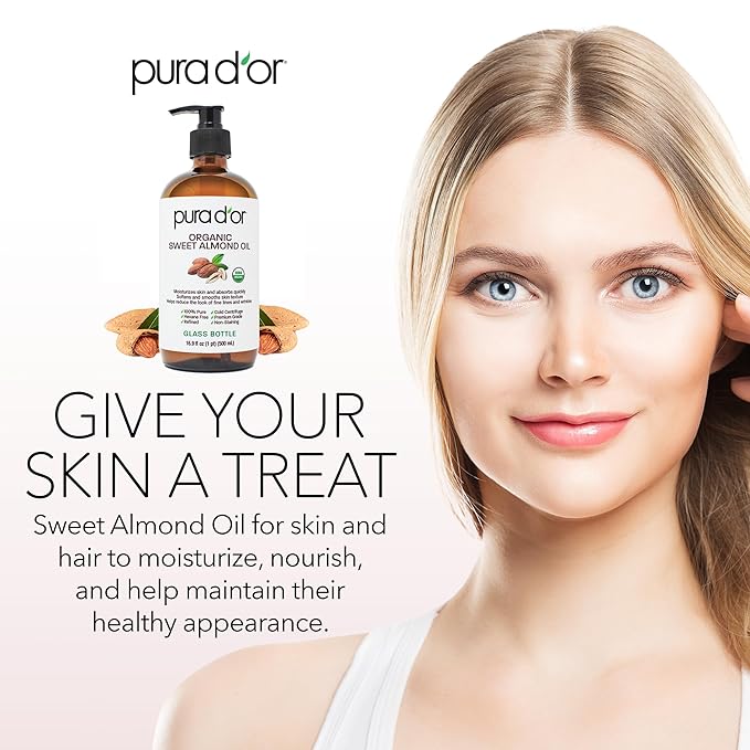 PURA D'OR ORGANIC Sweet Almond Oil (16.9 Oz GLASS BOTTLE) 100% Pure & Natural USDA Certified Cold Pressed Carrier Oil For DIY Beauty - Non-Greasy, Unscented, Hexane Free Moisturizer - For Hair & Skin
