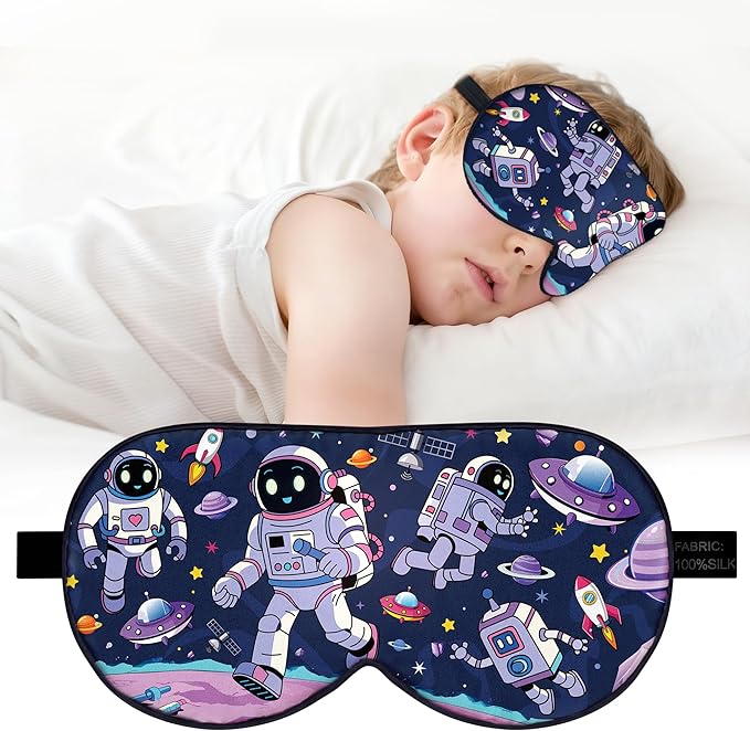 Kids Silk Sleep Mask: 100% Mulberry Silk Eye Mask with Adjustable Strap, Soft Blackout Boys Girls Sleeping Mask, Cute Printed Blindfold for Travel/School/Bed, Gift for Ages 5–15 (Alien Style)