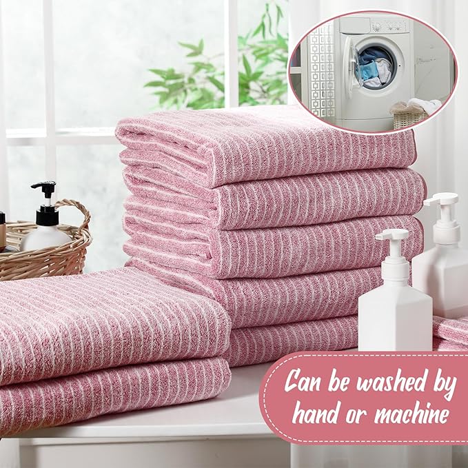 SmoothNovelty 16 Pack Microfiber Bath Towels Bulk 27'' x 60'' Oversized Size Bath Towel Highly Absorbent Extra Large Soft Drying for Beach Shower Summer Salon Sport Gym Party (Pinstripe,Pink)
