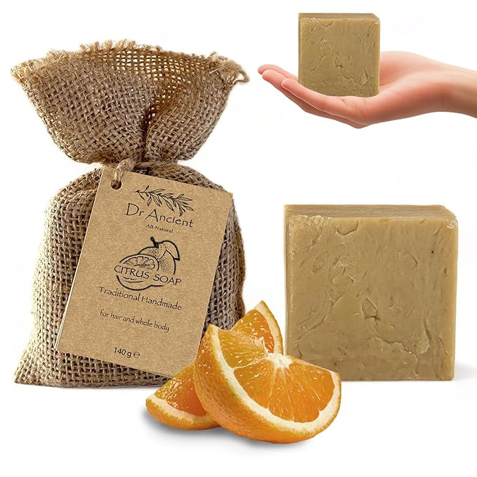 Dr.Ancient Citrus Soap Bar, Organic Soap Bars Handcrafted the Traditional Way, Natural Chemical-Free, Vegan, Used for Face Wash, Body Wash, and Hand Cleansing, Refreshing, Exfoliating