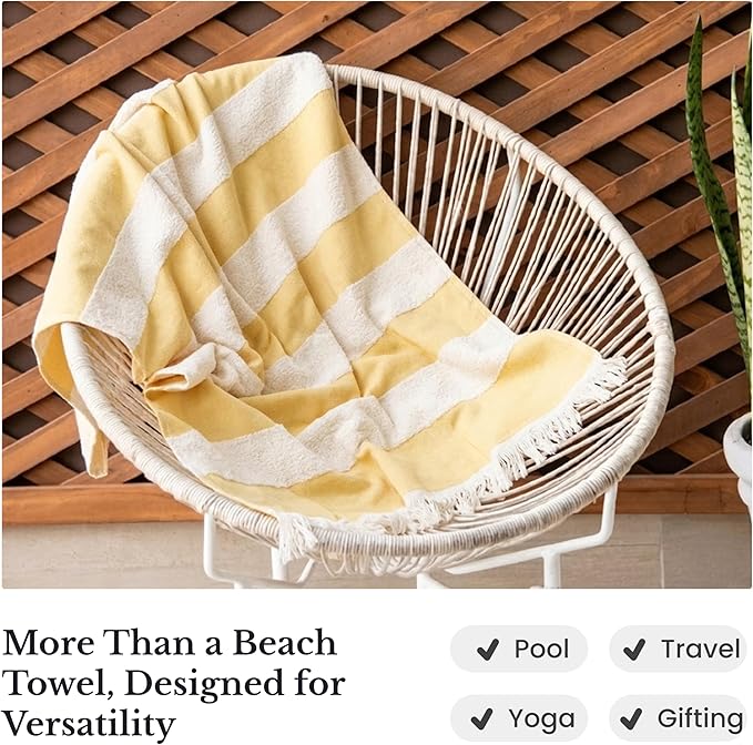Lightweight Turkish Beach Towel - 100% BCI Cotton, Unbleached Raw Fringe, Oeko-TEX Certified, Absorbent, Eco-Friendly, 36x66”, Golden Lucuma & Natural Stripes, Portable Sarong Blanket for Pool, Travel
