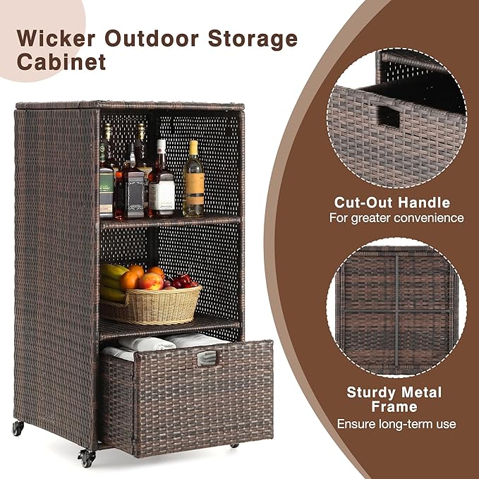 HOMREST Outdoor Pool Towel Rack with Storage Cabinet, Waterproof PE Rattan Wicker Poolside Towel Organizer with Shelves & Drawer, Rolling Wheels Towel Valet Caddy for Patio, Hot Tub, Spa,Brown