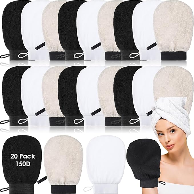 FoldTier 20 Pcs Exfoliating Glove Bulk Summer Exfoliator Mitt Body Scrubber 150d Viscose Fiber Skin Korean Scrub Mitt for Spa Massage Dead Skin Remover for Men and Women(20 Pcs,Black, White, Gray)