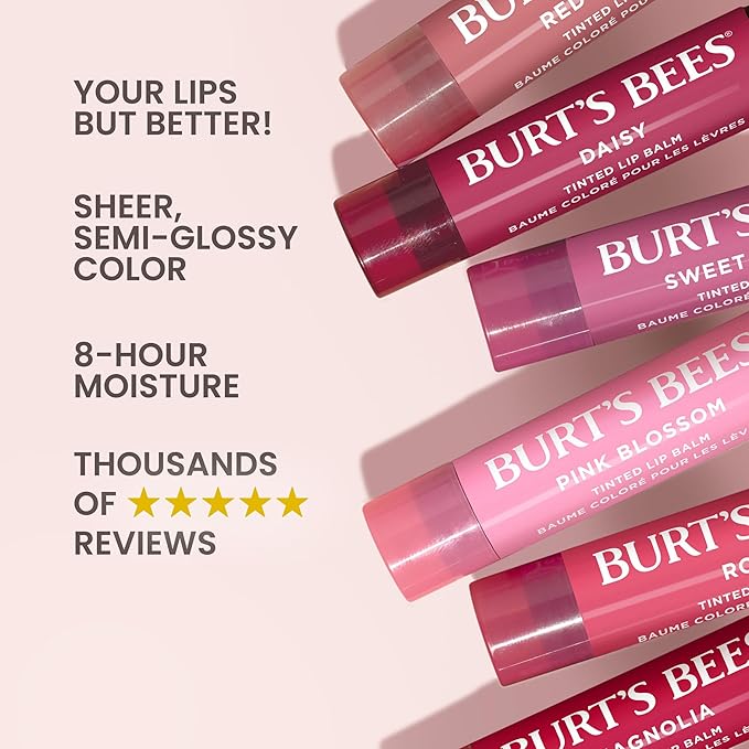 Burt's Bees Lip Tint Balm with Long Lasting 2 in 1 Duo Tinted Balm Formula, Color Infused with Deeply Hydrating Shea Butter for a Natural Looking Buildable Finish, Fiery Red Dahlia (16-Pack)