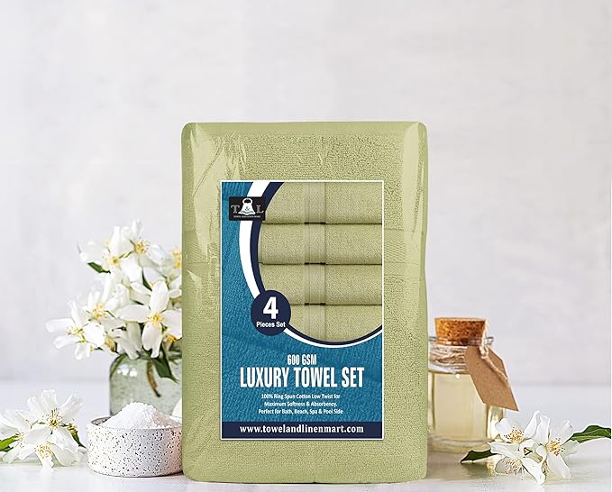 Towel and Linen Mart 4 Pieces Bath Towel Sets - Sage Green - 2 ply Low Twist Luxurious,Quick Dry, Extra Absorbent, 100% Ring Spun Cotton 600 GSM (27 x 54, Pack of 4)